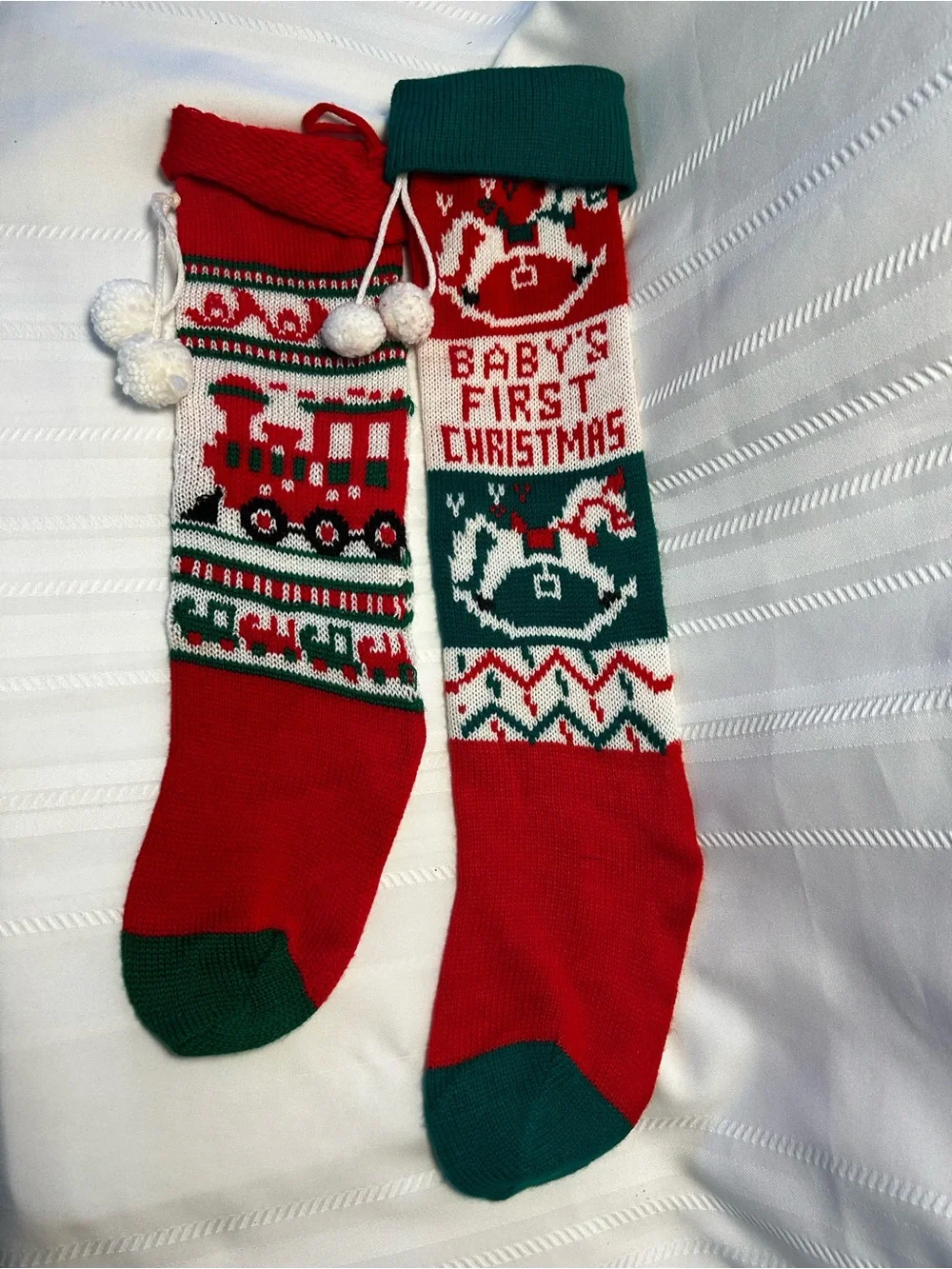 Vintage Set of 2 Christmas Stockings Baby's First Christmas Trains Red Green